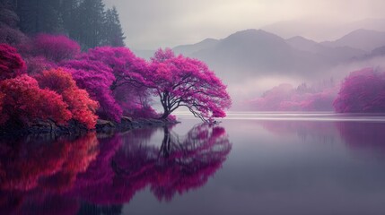 Serene lake scene with vibrant pink trees reflecting on calm water.