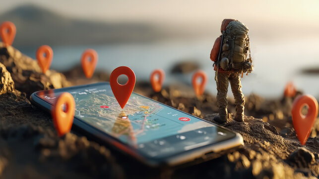 Man is standing on a rocky hill with a phone showing a map with many red pins - Powered by Adobe