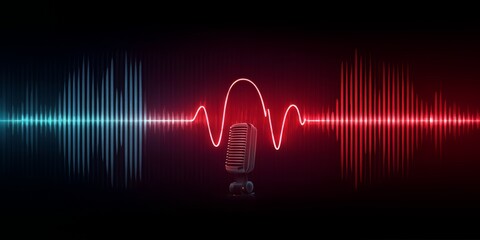 Microphone is shown in front of a red and blue wave