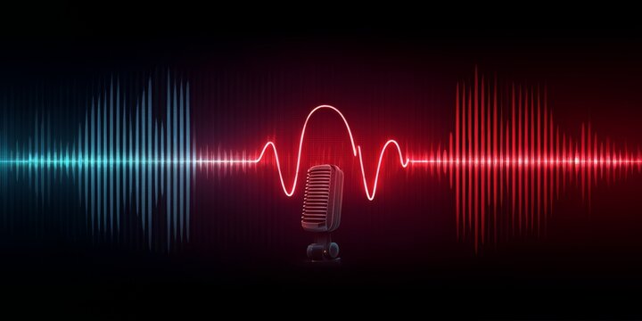 Microphone is shown in front of a red and blue wave