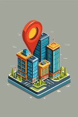 Modern Cityscape with Location Pin and Skyscrapers in Isometric Style