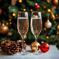 Two champagne flutes filled with sparkling drink sit on a wooden table. Nearby are pine cones and red and gold Christmas ornaments. A decorated tree is in the background.