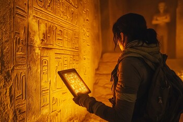 Researcher studying hieroglyphics on ancient walls