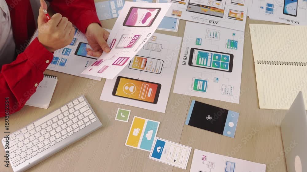 Poster hand focus of startup company employee present user interface prototype for mobile application to sm