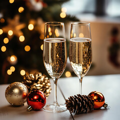 Two champagne flutes filled with sparkling wine sit on a table. Nearby are festive ornaments and a pine cone. A Christmas tree with lights is in the background.