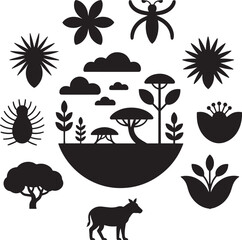 Diverse collection of black silhouette flora fauna and sky elements vector