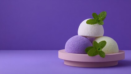 Stacked ice cream scoops on a pink plate against a purple background