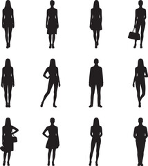 Diverse collection of black silhouettes of people in various poses and attire white fashion