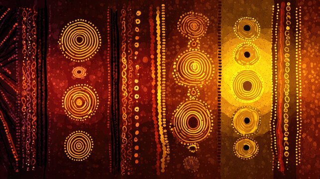 Abstract pattern of circles and lines in warm earth tones.