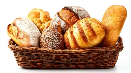 A variety of fresh bread loaves arranged in a basket and isolated against white