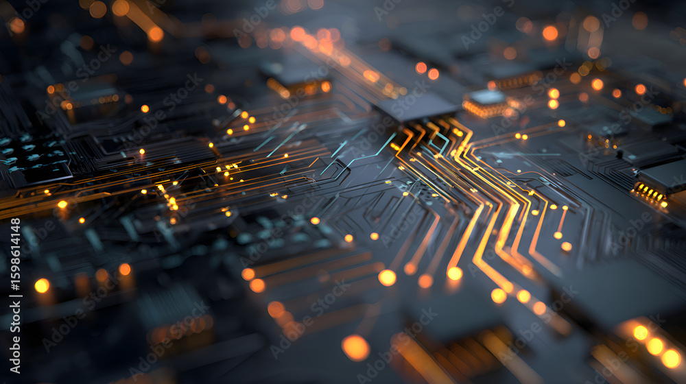 Poster futuristic circuit board pulsating with data flowing through connections