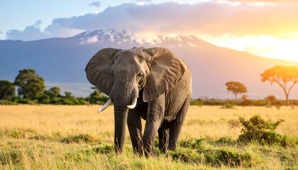 Obraz premium Majestic elephant in African savanna at sunset (1)