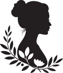 Elegant silhouette profile of a woman adorned with floral elements head hair