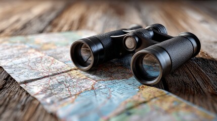 Close-up of contemporary binoculars placed on a map atop a wooden surface