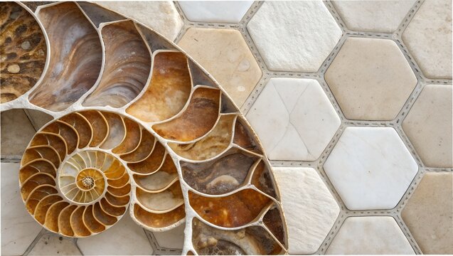Broken shell pieces arranged in hexagonal tiling, organic mosaic pattern