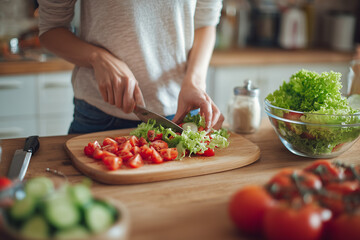 Chopping Close-up of woman fresh vegetables for healthy summer salad in kitchen