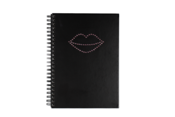 Black spiral notebook with rhinestone lips design
