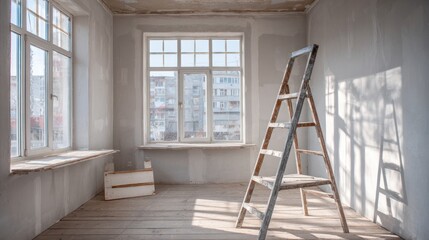 Interior of a building mid-renovation featuring a ladder and neutral-colored walls