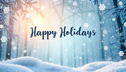 Winter landscape with snow and text "Happy Holidays" on background  