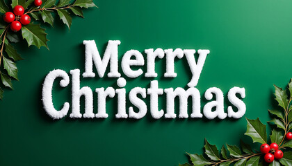 Merry Christmas text with holly leaves and berries on green background  