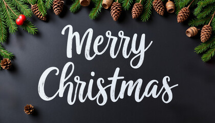 Merry Christmas greeting on black background with pine branches  
