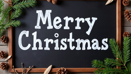 Merry Christmas written on chalkboard with pine branches and cones  
