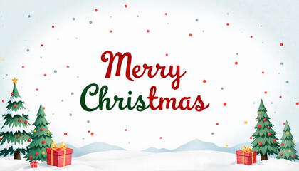 Merry Christmas greeting with decorated trees and presents in winter  