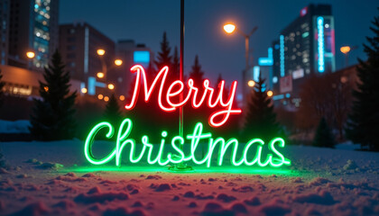 Neon sign displaying 'Merry Christmas' in snowy urban setting  