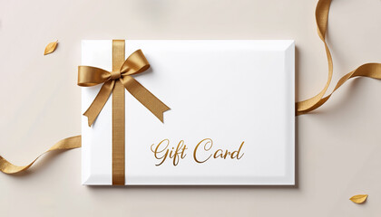 Gift card with golden bow and ribbon on neutral background  