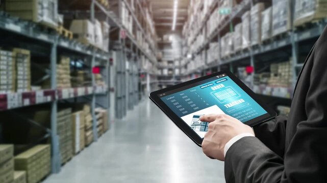 Warehouse management deft software in computer for real time monitoring of goods package delivery . Computer screen showing smart inventory dashboard for storage and supply chain distribution .
