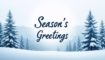 Winter landscape with snowy trees and "Season's Greetings" text  