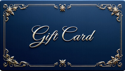 Elegant gift card design featuring ornate golden accents on blue  