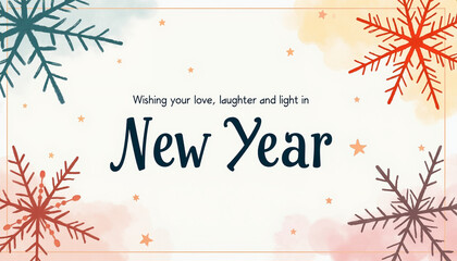 New Year greeting card design with colorful snowflakes and text  