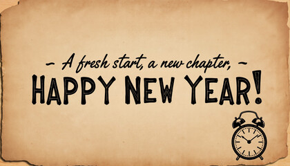 Happy New Year greeting with clock illustration on parchment background  