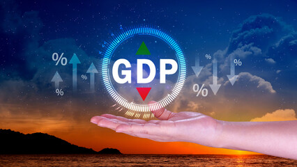 GDP business concept, GDP Gross Domestic Product Gross Domestic Product GDP improvement concept, Arrow and charts, Business growth measure for size of economy compiled for country.