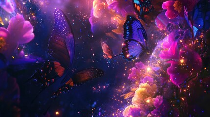Fototapeta premium Magical butterflies amongst glowing flowers