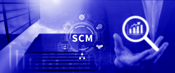 SCM concept, Supply Chain Management, Logistic and transport, Communication network. organizing and controlling resources to meet the needs of customers.