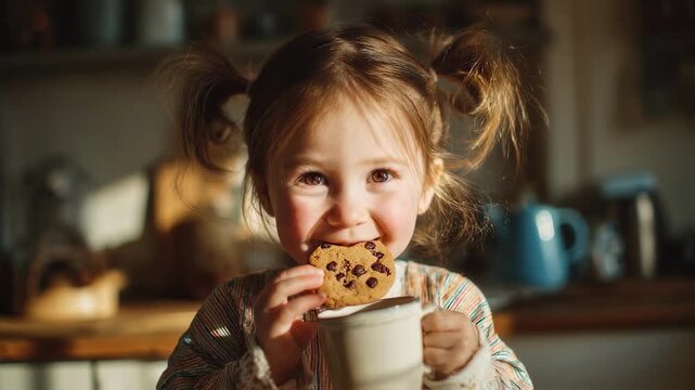 In a cozy kitchen bathed in soft afternoon light a small girl with pigtails takes a sip from her cup of milk her face lit up with a smile as she holds a chocolate chip cookie halfway