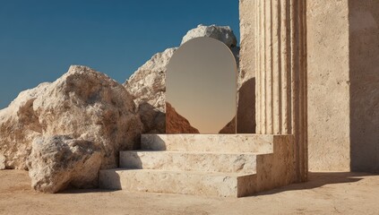 Ancient stone steps leading to a mirrored vista