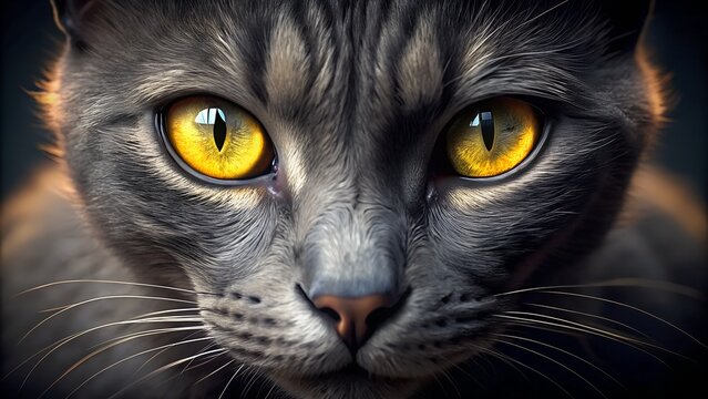 A striking closeup portrait captures the intense gaze of a gray cat with