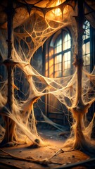 A room is filled with cobwebs in an abandoned spooky and haunted house