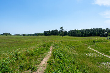 Wide view of the open grassy fields at historic Yorktown Battlefield in Virginia.