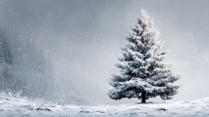 Fototapeta premium A majestic evergreen tree stands isolated in a snowy landscape as gentle snowflakes fall around it. The muted dusk light casts a calming glow over the winter scenery, invoking tranquility.