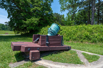 Historic bronze mortar on display at Yorktown Battlefield in Virginia, a preserved Revolutionary...