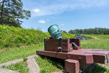 Historic bronze mortar on display at Yorktown Battlefield in Virginia, a preserved Revolutionary...