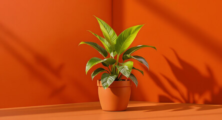 Potted houseplant against a bold orange wall with soft shadows.