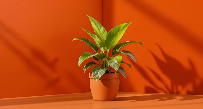 Potted houseplant against a bold orange wall with soft shadows.