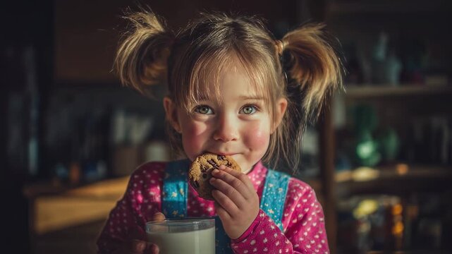 In a cozy kitchen bathed in soft afternoon light a small girl with pigtails takes a sip from her cup of milk her face lit up with a smile as she holds a chocolate chip cookie halfway