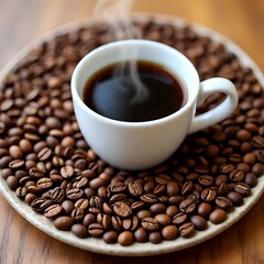 Fototapeta premium A white cup of steaming coffee placed on a saucer, surrounded by a pile of coffee beans