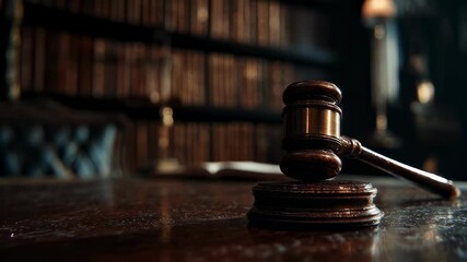 The camera dramatically pushes in on a gavel poised on an elegant table capturing the intricate details of the gavels craftsmanship while the blurred background gradually unveils towering